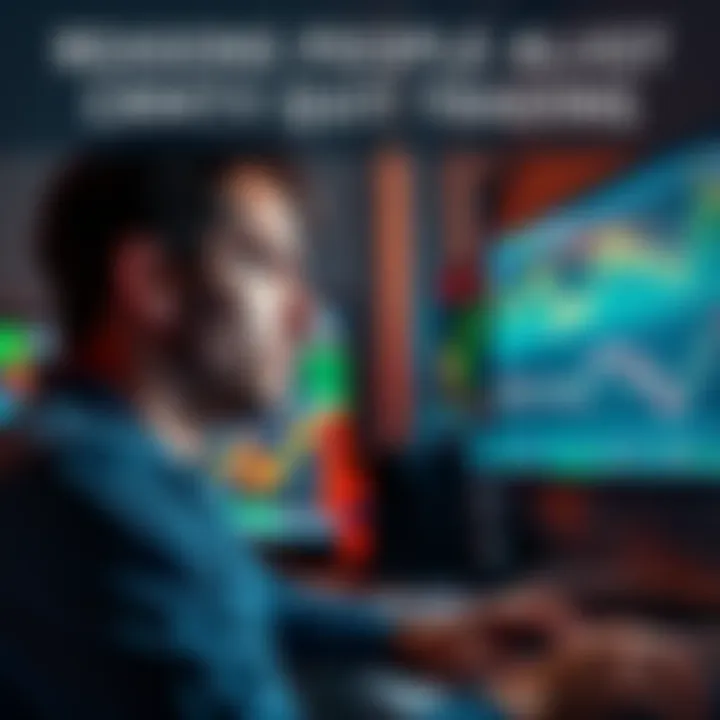 A worried person staring at computer screens filled with crypto charts and graphs, showing signs of stress