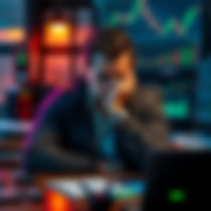A trader looks stressed at their desk, surrounded by charts and trading tools, reflecting on their challenges with trading and mental health.