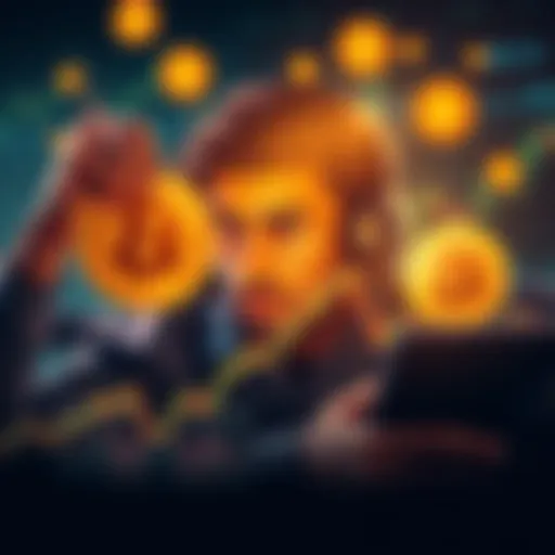 Strong Minds in Bitcoin A person looking determined while analyzing Bitcoin charts, surrounded by symbols of strength and resilience, illustrating the emotional stability needed in the crypto market.