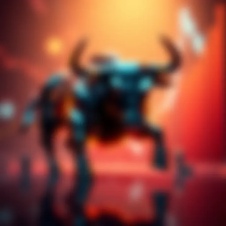 A strong bull graphic representing the $AMP token's growth in the crypto market, with a digital bar chart in the background showing upward trends.