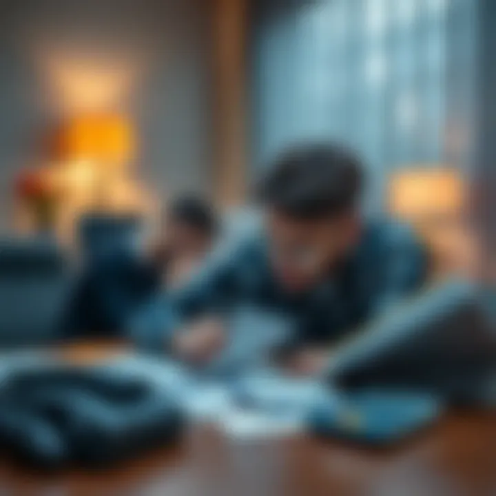 A person sitting at a table with bills and a calculator, looking stressed about their financial situation.