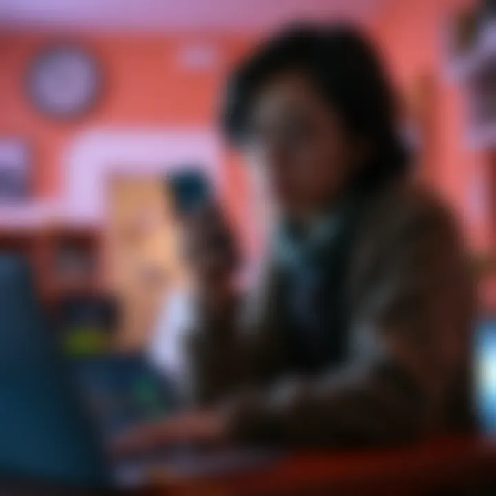 A concerned student holding a phone, looking for assistance to access locked funds in their wallet, with a laptop open beside them showing a digital currency interface.