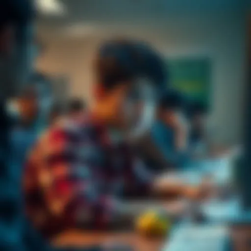 A student sitting at a desk with a concerned expression, glancing at a computer screen, as classmates around them show excitement during a pre-order announcement from Valve.