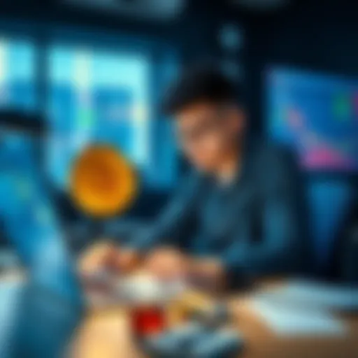 A college student sitting at a desk, reviewing finances while looking at a Bitcoin chart on a laptop, symbolizing investment strategies during a bear market