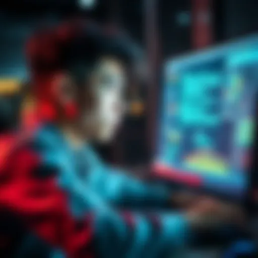 A 20-year-old student looking at a computer screen with blockchain code and graphics