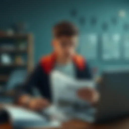 A student appears puzzled while reading various guides on Web3 and cryptocurrency, surrounded by notes and a laptop.