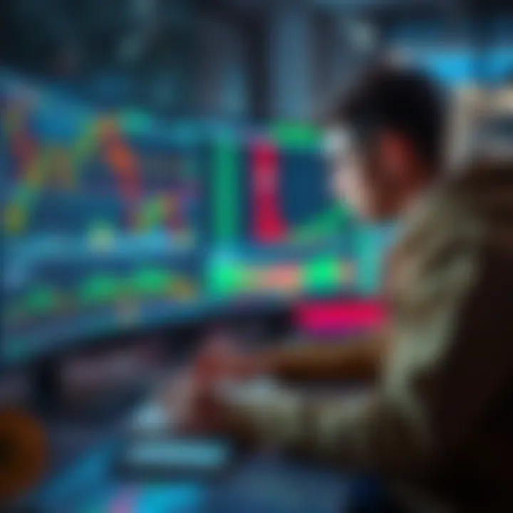 A student looks at a computer screen displaying cryptocurrency charts, showing fluctuating values and graphs. There's a notebook nearby with notes on trading strategies.