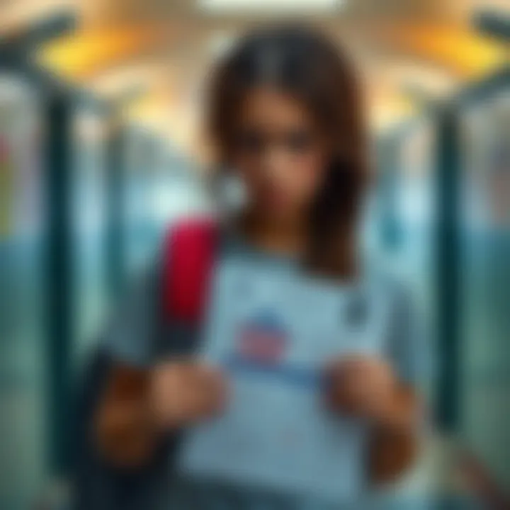 High school student with a frustrated expression, holding her dress code guidelines while standing in a school hallway
