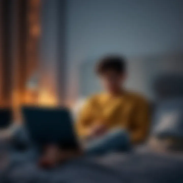 A university student sitting on a bed, looking worried while holding a laptop displaying cryptocurrency charts, symbolizing financial distress and regret over investments.