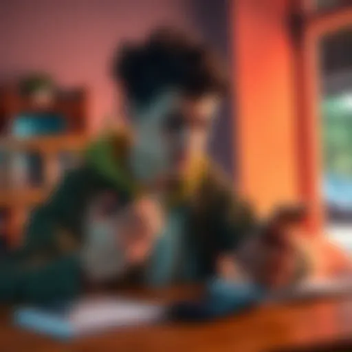 A young French student looking at a smartphone, contemplating different investment apps including Revolut, with a notepad and calculator on the table.