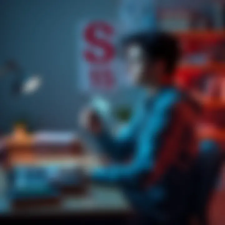 A student sits at a desk with a $10 bill in hand, pondering about joining a group or platform, surrounded by books and a laptop.