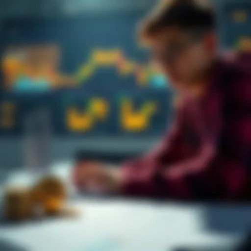 A university student conducting a survey on Bitcoin perceptions with a laptop and charts in front of them.