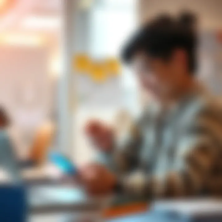 A student checking their smartphone with the Revolut app open, smiling as they see their budget balance improve, surrounded by study materials.