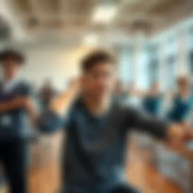 A university student looks embarrassed while trying to perform a pilates move in a studio surrounded by confident classmates
