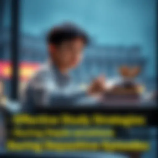 A student sitting at a desk with books and notes, concentrating on studying while looking calm despite a rainy background, symbolizing overcoming challenges during depressive episodes.