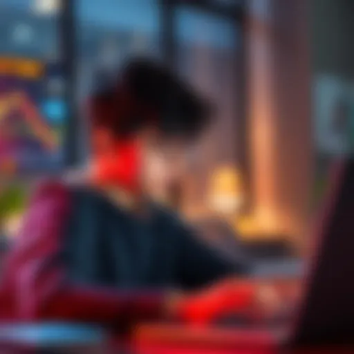 Eighteen-year-old student analyzing stock charts on a laptop with a focused expression