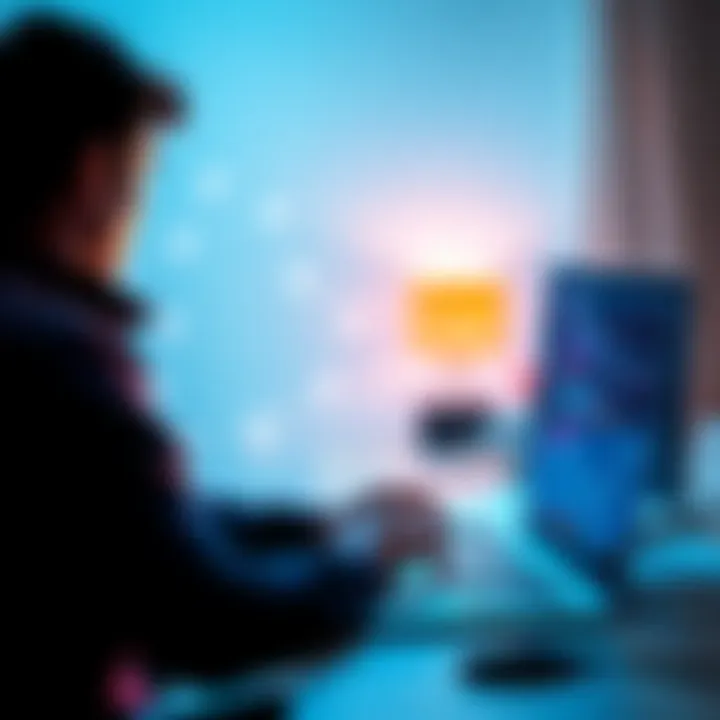 A High Energy Physics student sitting at a desk, looking at a laptop with coding and blockchain graphics on the screen, indicating interest in Web3 freelancing.