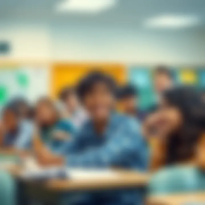 A group of diverse students engaged in various school activities, smiling and interacting with each other in a classroom setting
