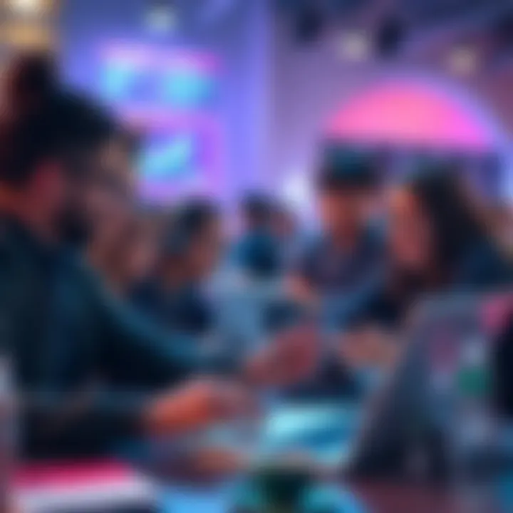 A group of diverse students collaborating at a hackathon, working on laptops with enthusiasm and team spirit.