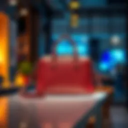 A stylish bag showcased on a table with bright lighting, highlighting its unique features and design.