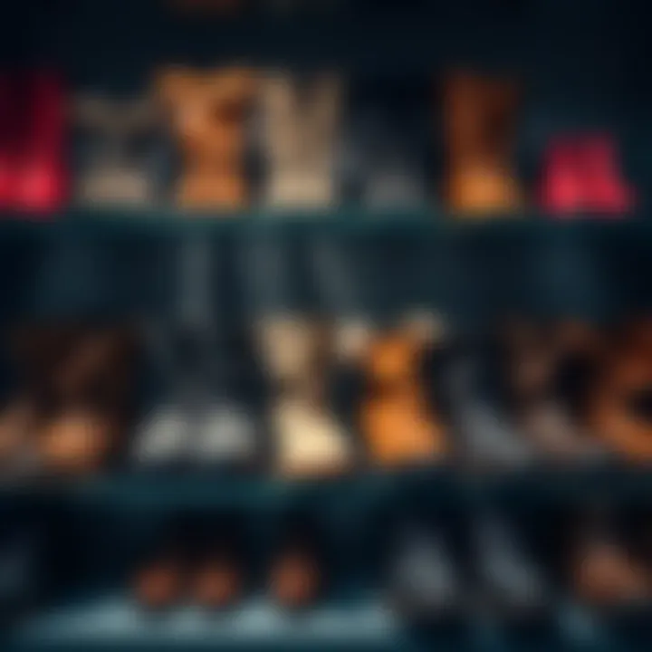 Various pairs of boots displayed on a shelf, showing different styles and colors