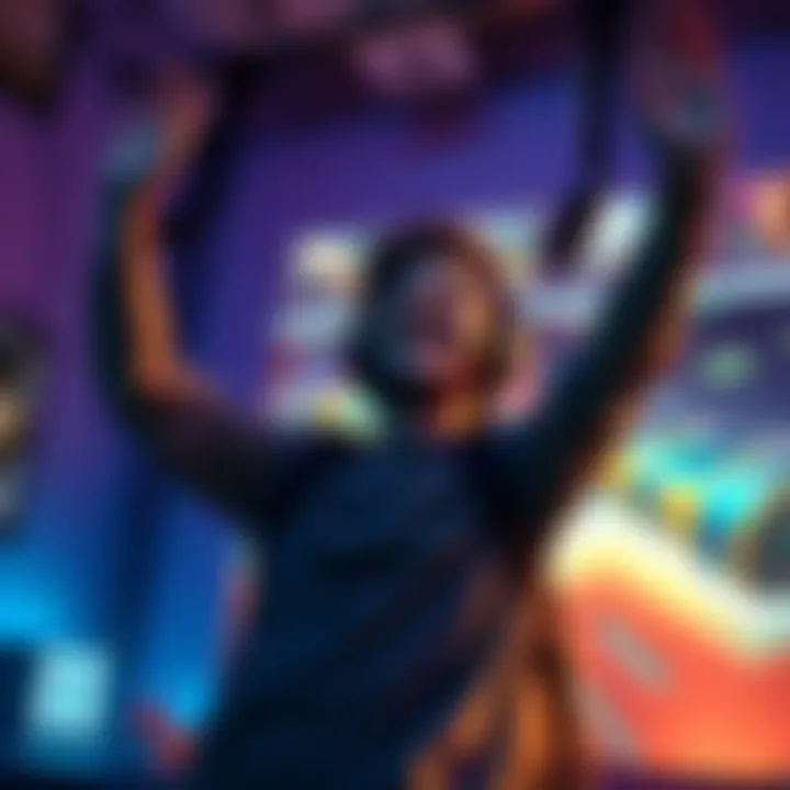 A person excitedly celebrating their success after completing a game challenge, with a gaming console and subscription details visible in the background.