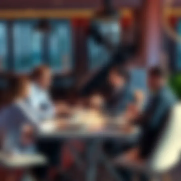 A group of people discussing their successful DeFi investment strategies at a coffee table with laptops and charts.