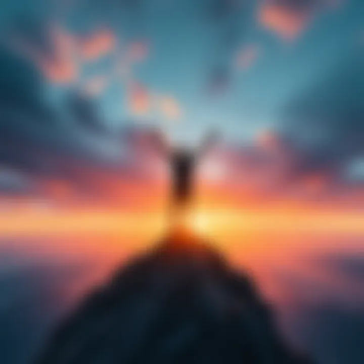 A person standing triumphantly on a mountain peak with arms raised, symbolizing achievement and success.