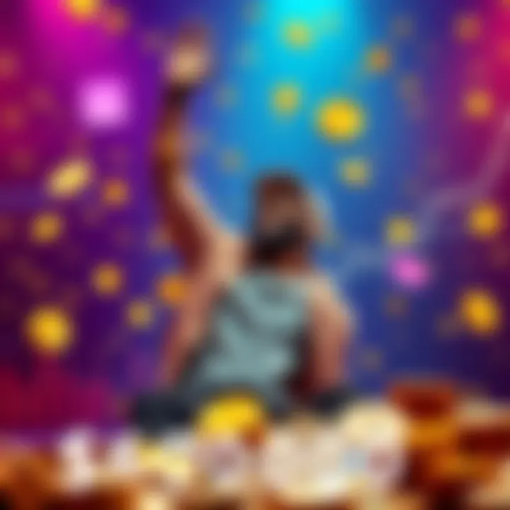 A person celebrating their $600,000 gain from Dixt Finance investment, surrounded by cryptocurrency symbols and charts showing growth.