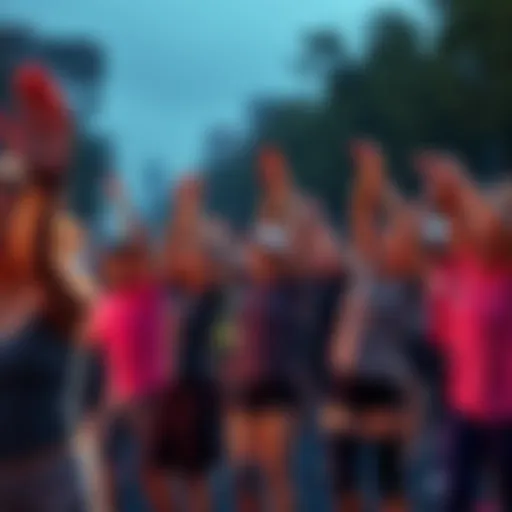 A group of people stretching and preparing for the Sunday shakeout event, filled with excitement and energy.