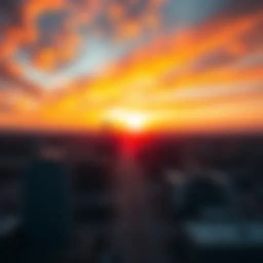 A vibrant sunrise illuminating the city of Amarillo, Texas, symbolizing the song's theme of hope and American life.