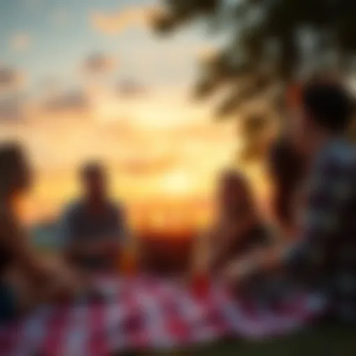 A group of friends enjoying a picnic at sunset, sharing laughter and memories.
