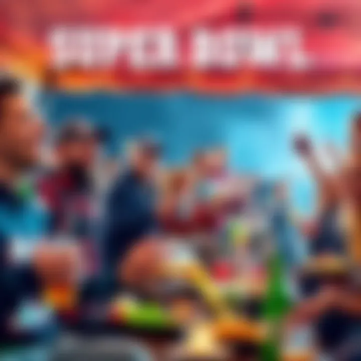 People enjoying a lively tailgate party with food and drinks, cheering for the Seattle Seahawks and New England Patriots during the Super Bowl.