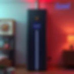 A modern electric water heater designed to mine Bitcoin, showcasing sleek lines and digital display, set in a home environment.
