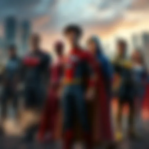 A group of diverse superheroes standing together, representing different cultures and powers, with a city skyline in the background.