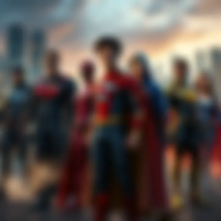 Superheroes in Modern Society A group of diverse superheroes standing together, representing different cultures and powers, with a city skyline in the background.