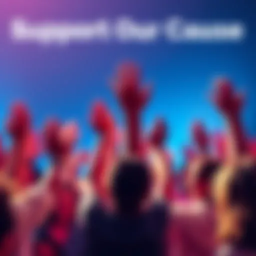 A group of diverse people coming together with hands raised, symbolizing support and hope for a better future.