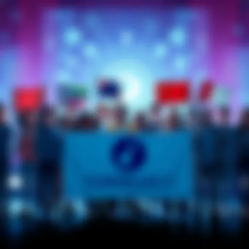 A group of diverse people holding banners promoting internet freedom and privacy, with a backdrop of digital symbols representing technology and security.