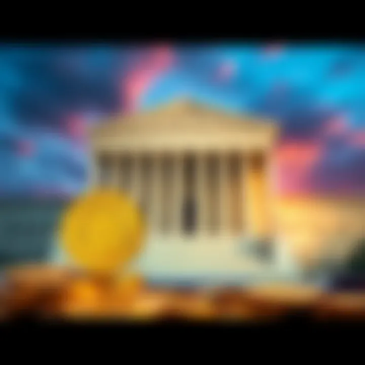 Graphic showing the Supreme Court building with Bitcoin and cryptocurrency symbols in the foreground, depicting the impact of the ruling on digital currencies.