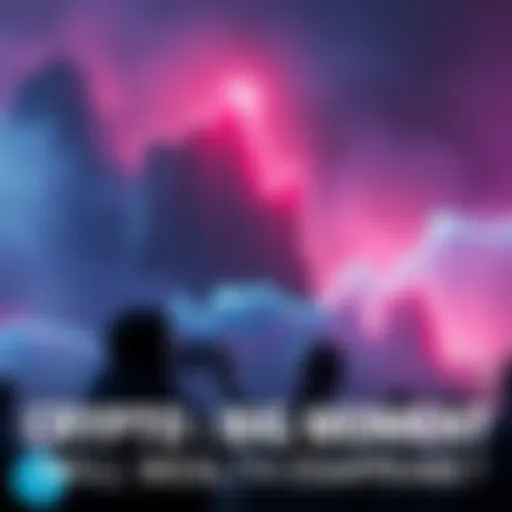 A graph showing a steep rise in cryptocurrency values with anxious investors looking on, symbolizing potential wealth and risk.