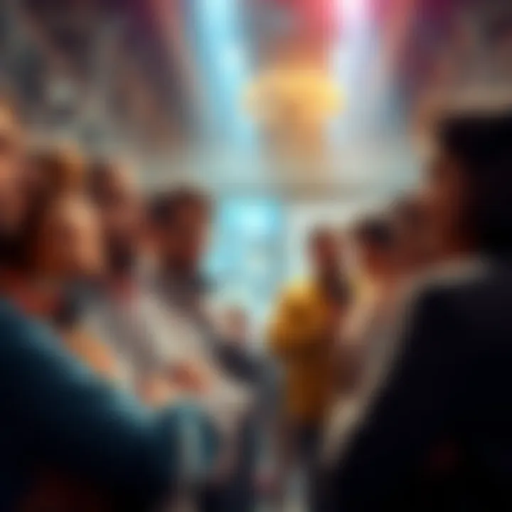 A group of surprised bidders watches as an unknown last-minute bidder wins the auction, showcasing their shock and curiosity.