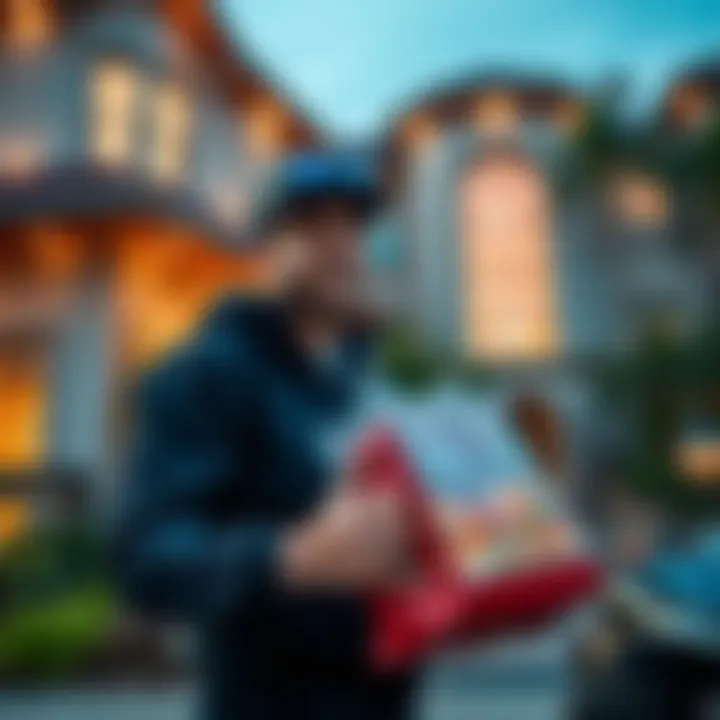 A Doordash driver holding a sushi bag in front of a luxury home