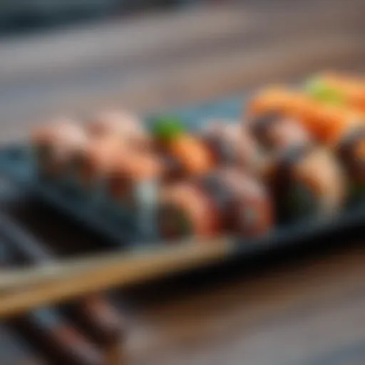 A close-up of colorful sushi rolls arranged on a wooden table, with chopsticks beside them