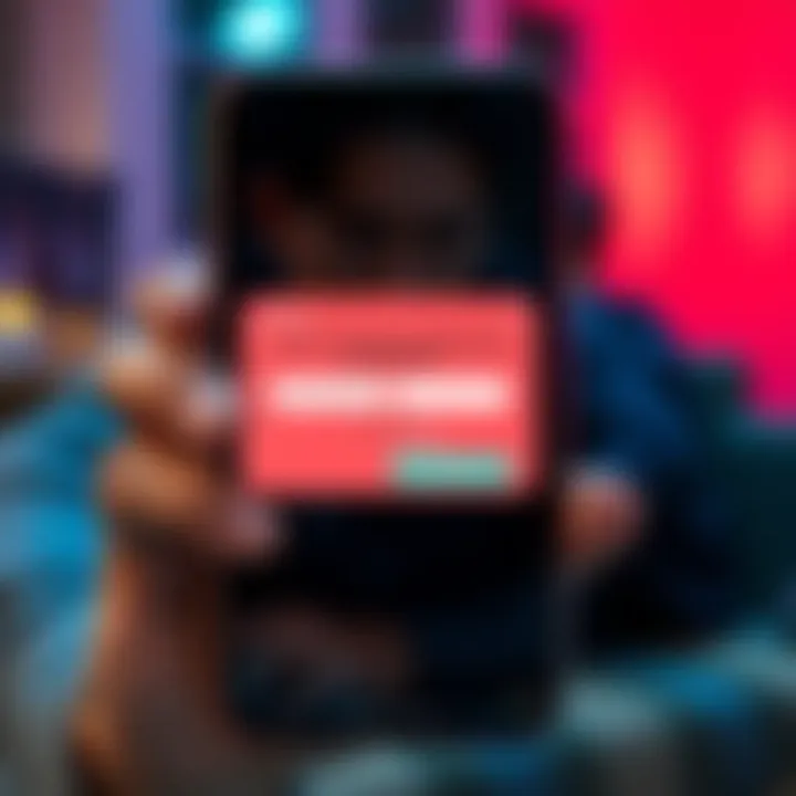 A smartphone screen showing a pop-up message asking for email information, leading to a fake website, with a worried user in the background.