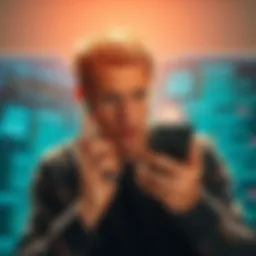 A person looking worried while holding a phone, with digital graphics representing phishing threats in the background.