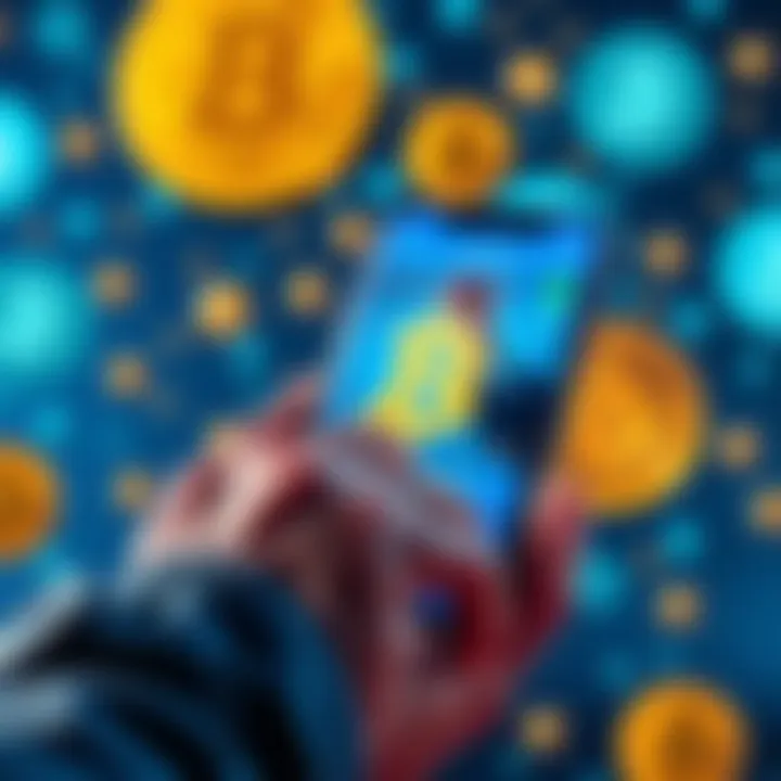 A person using a digital wallet on a smartphone to swap Bitcoin for USDT, with cryptocurrency symbols in the background.