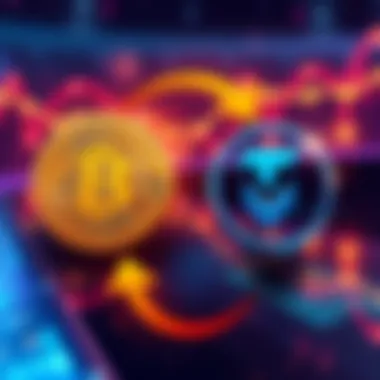 A digital illustration showing Bitcoin and Tether logos with arrows indicating a swap between cryptocurrencies.