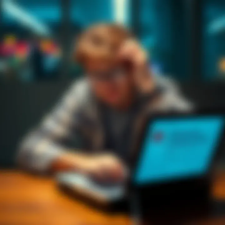 A person looking worried while checking their bank account on a laptop, showing a missing funds notification related to a SWIFT transfer.