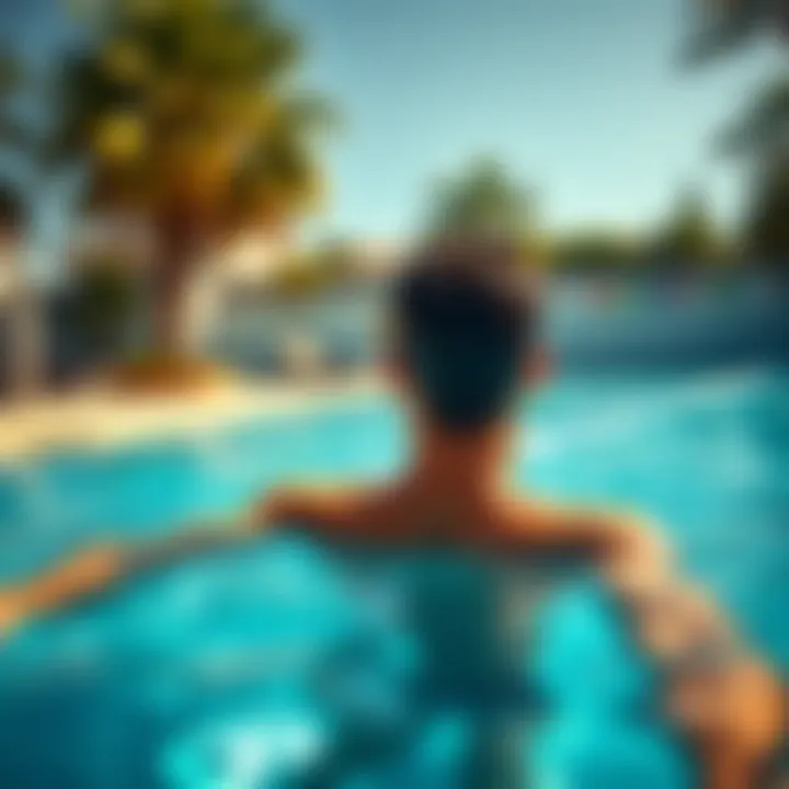 Swimmer at an OG pool A swimmer enjoying a sunny day in an outdoor pool marked as OG, surrounded by greenery and poolside lounge chairs