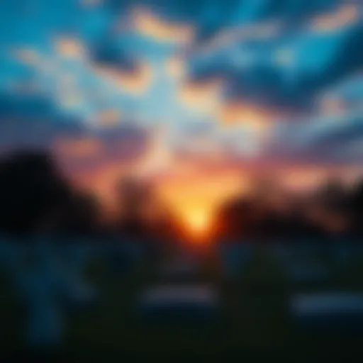 A peaceful scene of a sunset over a quiet graveyard, symbolizing the concept of death and reflection on mortality.